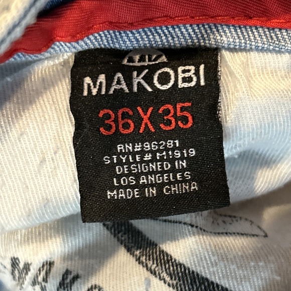 Makobi Jeans Men's 36x35 Blue Denim Distressed Motto Camo Light Wash Streetwear - Picture 5 of 10